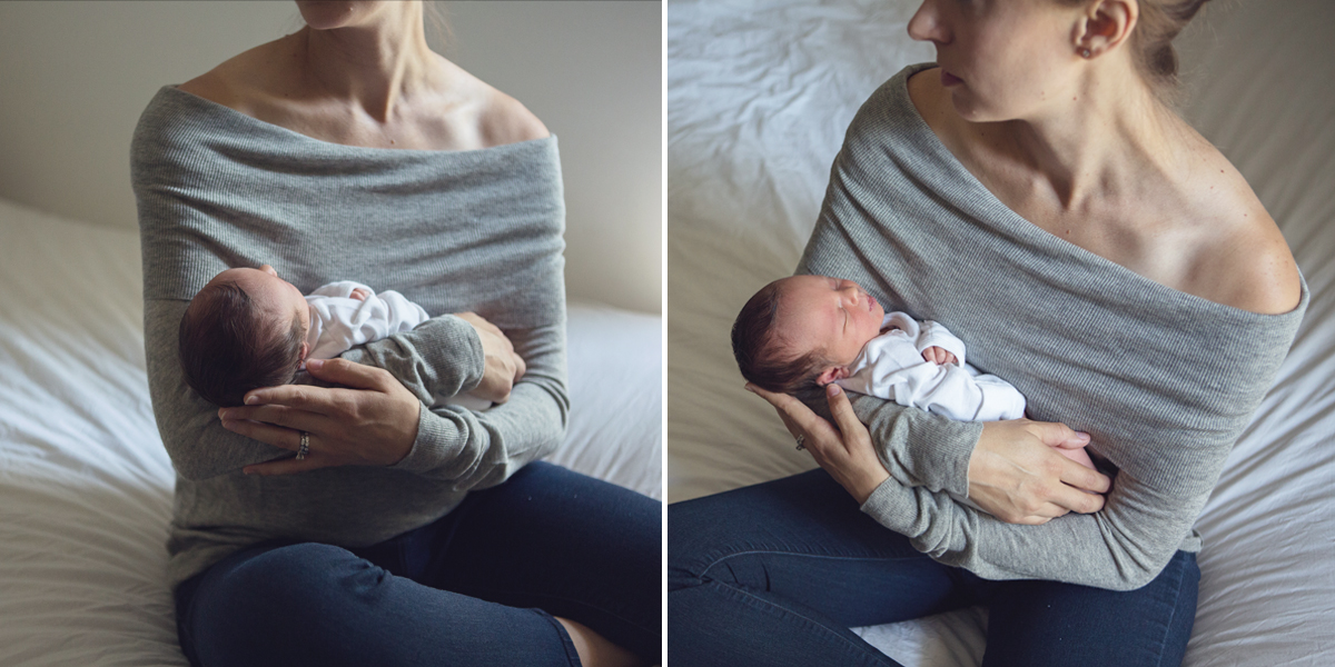 mother breastfeeding newborn in wool sweater